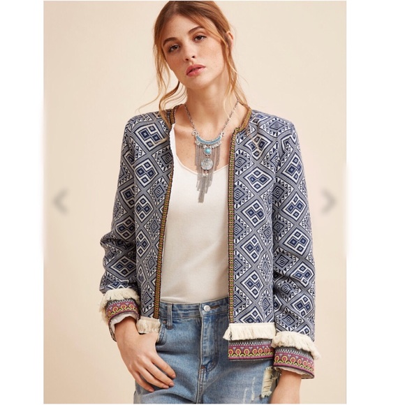 Jackets & Blazers - Fringe Trim Tribal Jacket W/Embroidered Tape-NWOT